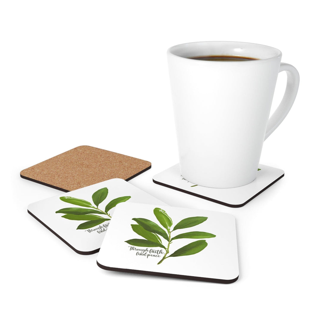 Handcrafted Square Coaster Set of 4 - Through Faith Find Peace Olive Leaf