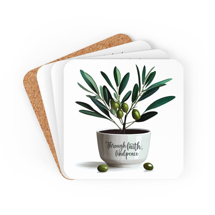 Handcrafted Square Coaster Set of 4 - Through Faith Find Peace Olive Tree