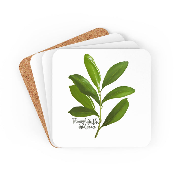 Handcrafted Square Coaster Set of 4 - Through Faith Find Peace Olive Leaf