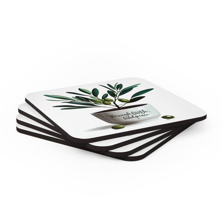 Handcrafted Square Coaster Set of 4 - Through Faith Find Peace Olive Tree