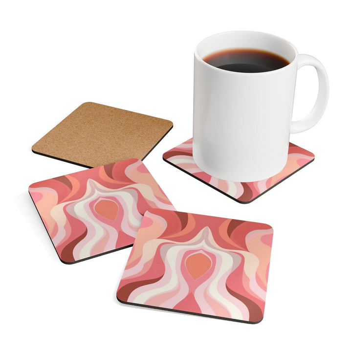 Handcrafted Square Coaster Set of 4 Pink White Boho Swirl Lines - Decorative