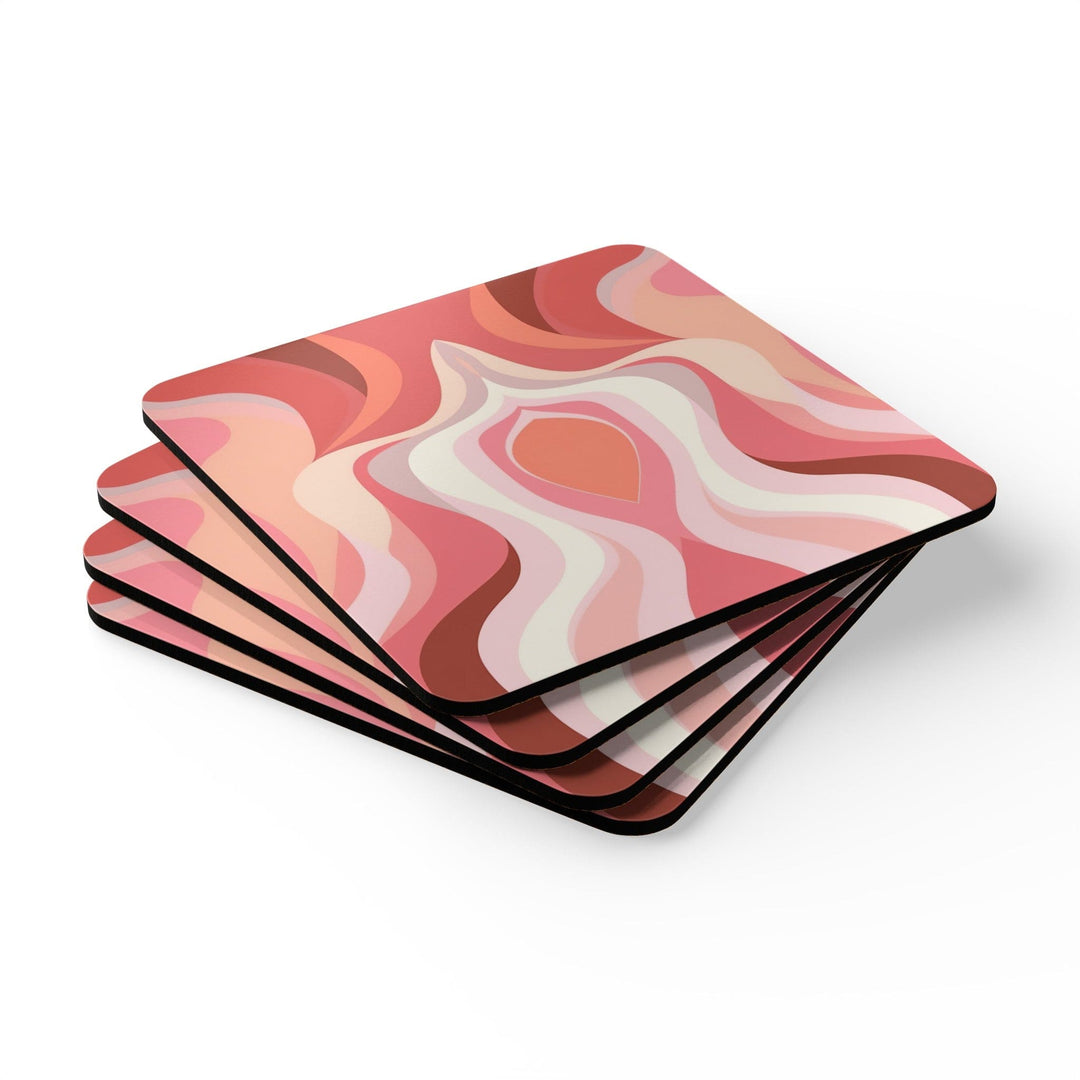 Handcrafted Square Coaster Set of 4 Pink White Boho Swirl Lines - Decorative