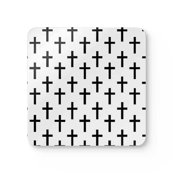 Handcrafted Square Coaster Set Of 4 White Black Cross Print - Home Decor