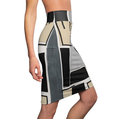 High Waist Womens Pencil Skirt - Contour Stretch - Abstract Black Grey Brown