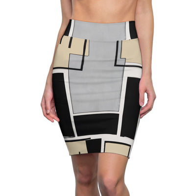 High Waist Womens Pencil Skirt - Contour Stretch - Abstract Black Grey Brown