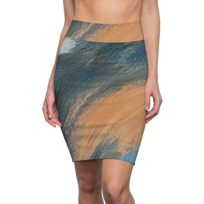 High Waist Womens Pencil Skirt - Contour Stretch Abstract Blue Orange Grey