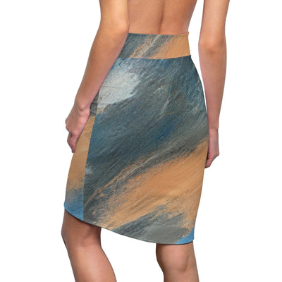 High Waist Womens Pencil Skirt - Contour Stretch Abstract Blue Orange Grey