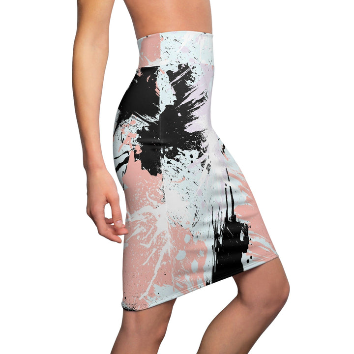 High Waist Womens Pencil Skirt - Contour Stretch - Abstract Pink Black White