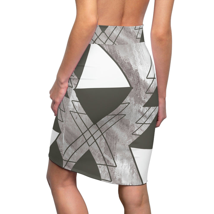 High Waist Womens Pencil Skirt - Contour Stretch Ash Grey and White Triangular