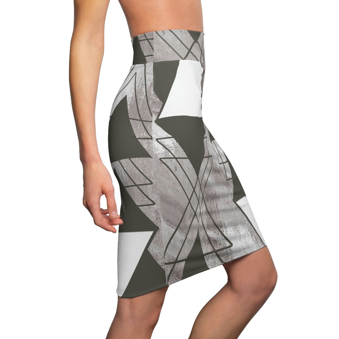 High Waist Womens Pencil Skirt - Contour Stretch Ash Grey and White Triangular