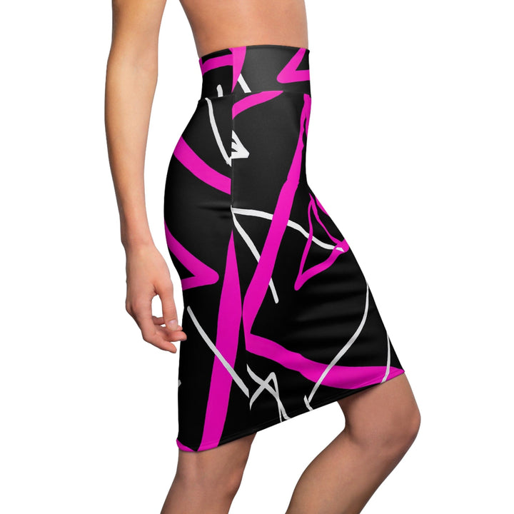 High Waist Womens Pencil Skirt - Contour Stretch - Black and Pink Geometric