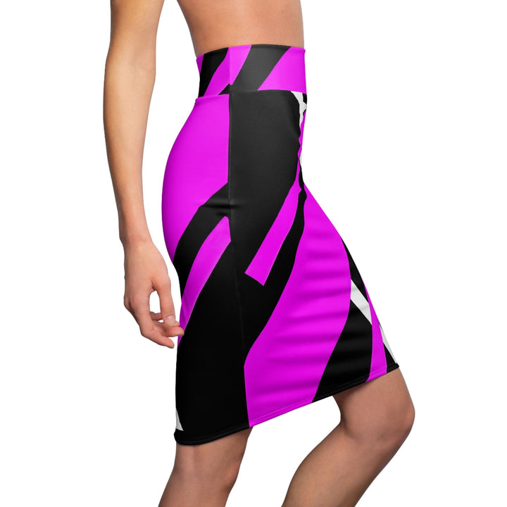 High Waist Womens Pencil Skirt - Contour Stretch - Black and Pink Geometric