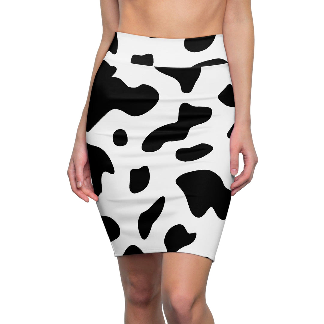 High Waist Womens Pencil Skirt - Contour Stretch - Black and White Abstract Cow