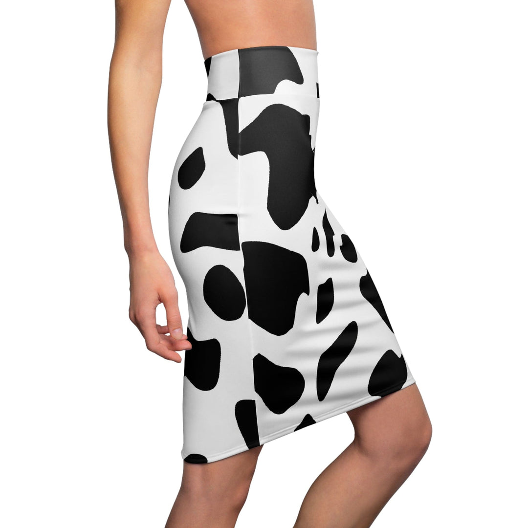 High Waist Womens Pencil Skirt - Contour Stretch - Black and White Abstract Cow