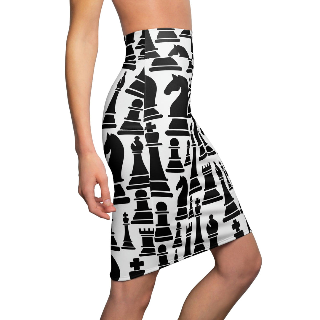 High Waist Womens Pencil Skirt - Contour Stretch Black and White Chess Print