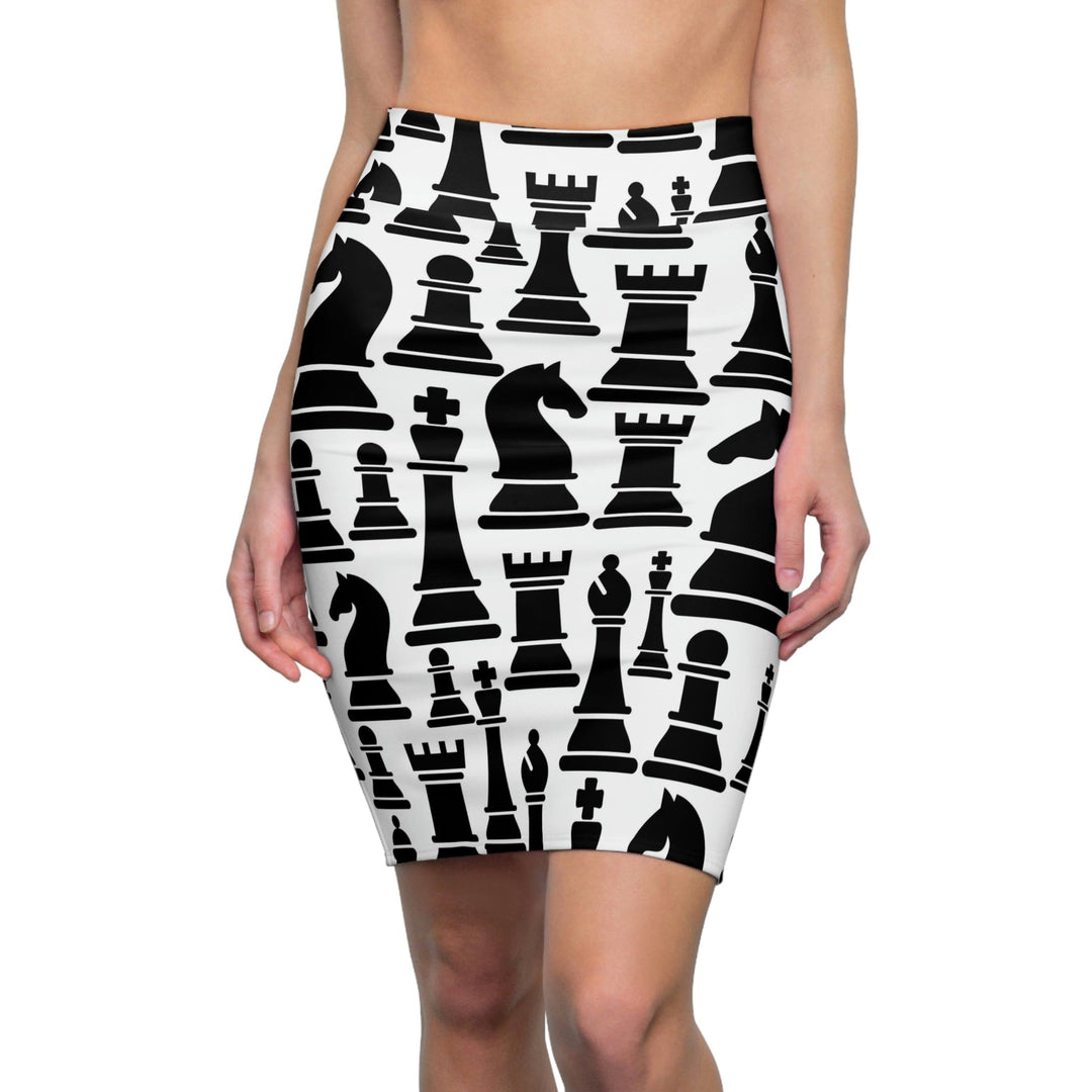 High Waist Womens Pencil Skirt - Contour Stretch Black and White Chess Print