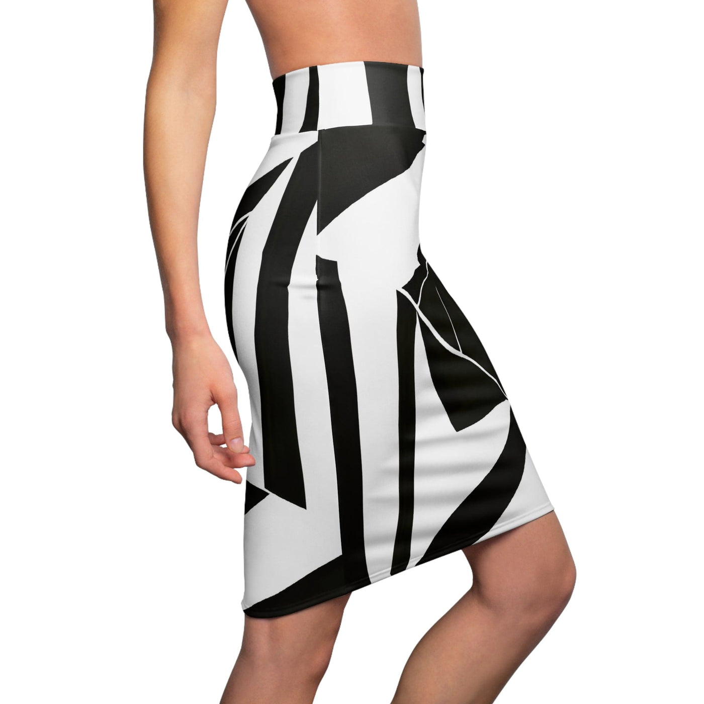 High Waist Womens Pencil Skirt - Contour Stretch - Black And White Geometric