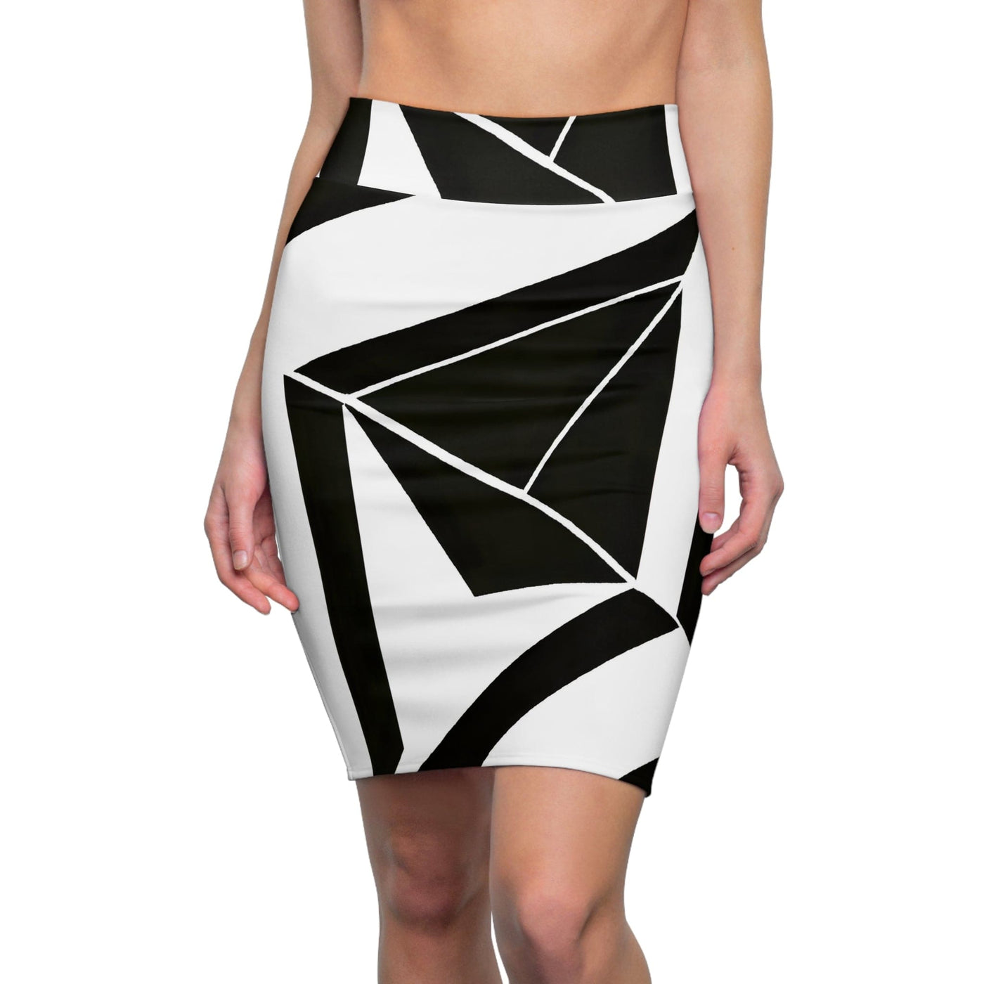 High Waist Womens Pencil Skirt - Contour Stretch - Black And White Geometric