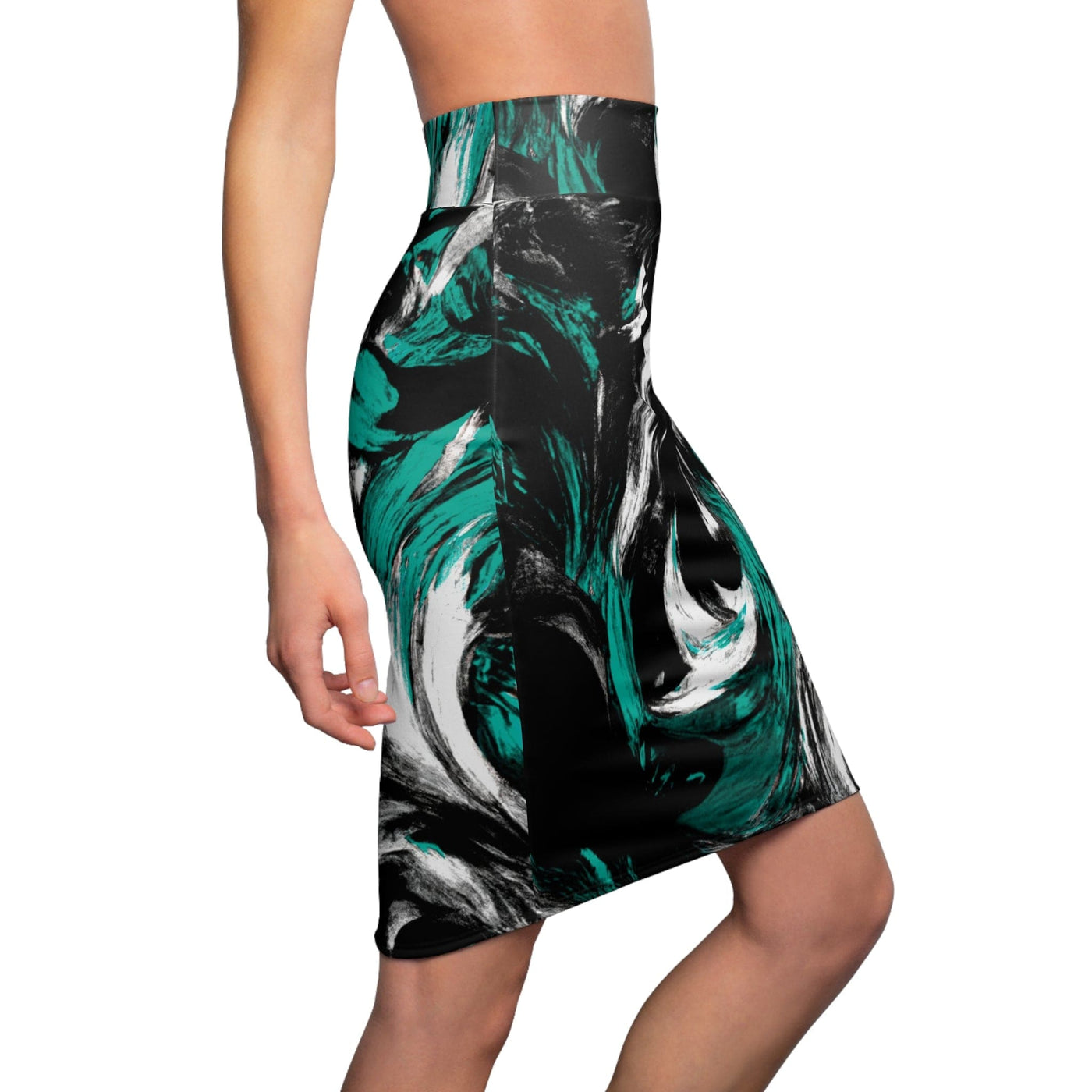 High Waist Womens Pencil Skirt - Contour Stretch - Black Green White Abstract