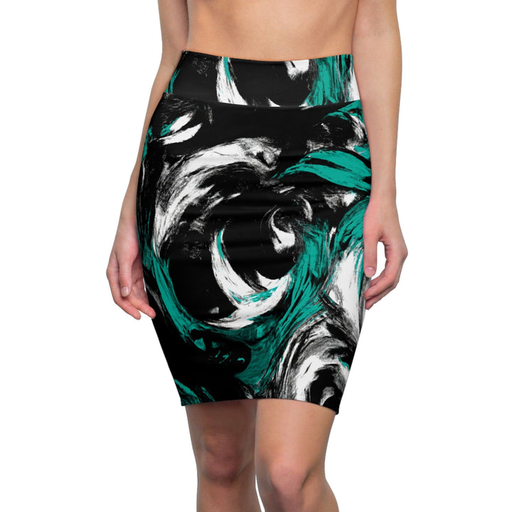 High Waist Womens Pencil Skirt - Contour Stretch - Black Green White Abstract