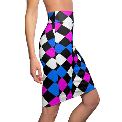 High Waist Womens Pencil Skirt - Contour Stretch - Black Pink Blue Checkered