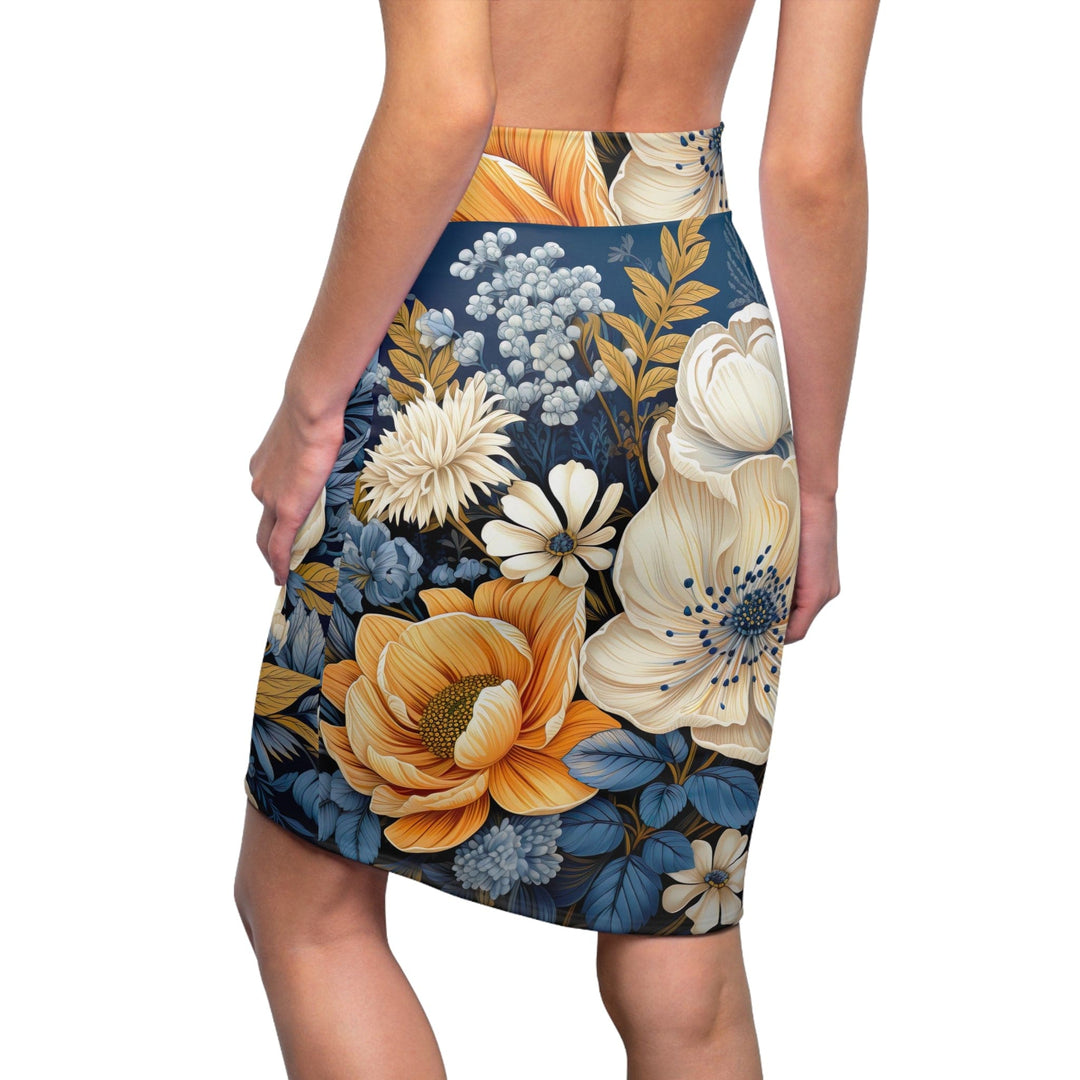 High Waist Womens Pencil Skirt - Contour Stretch - Blue Floral Block Print