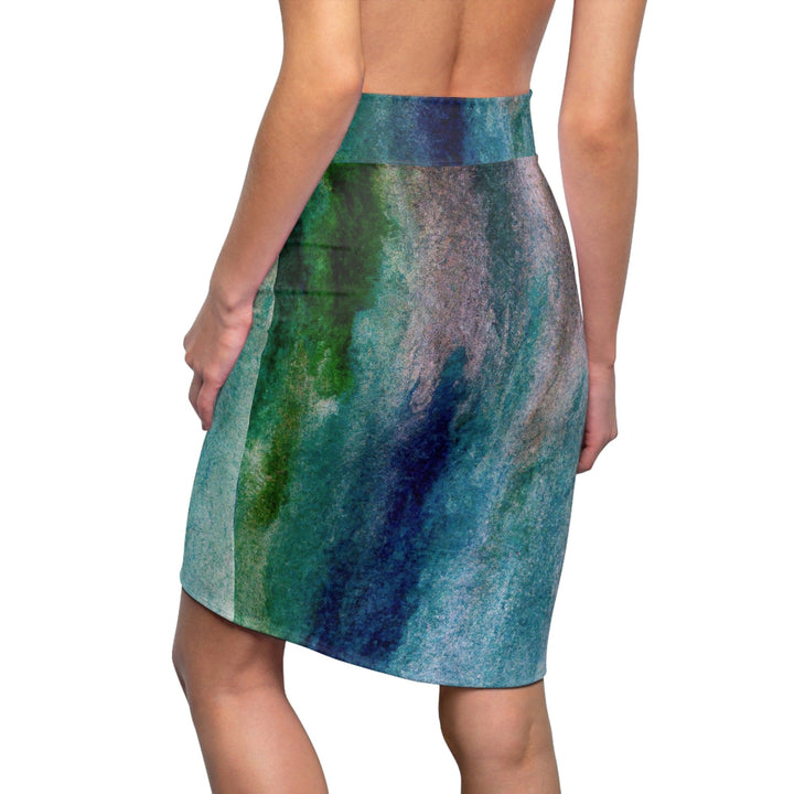 High Waist Womens Pencil Skirt - Contour Stretch Blue Hue Watercolor Abstract