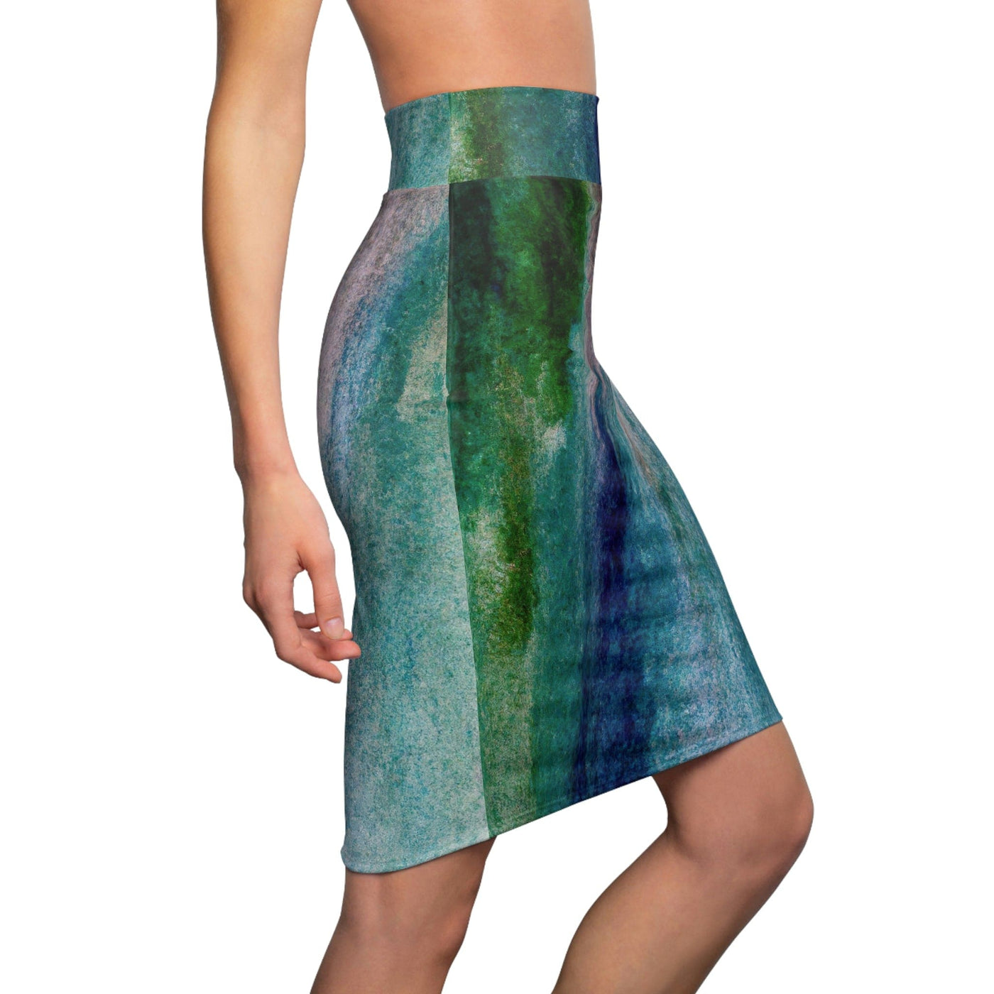 High Waist Womens Pencil Skirt - Contour Stretch Blue Hue Watercolor Abstract