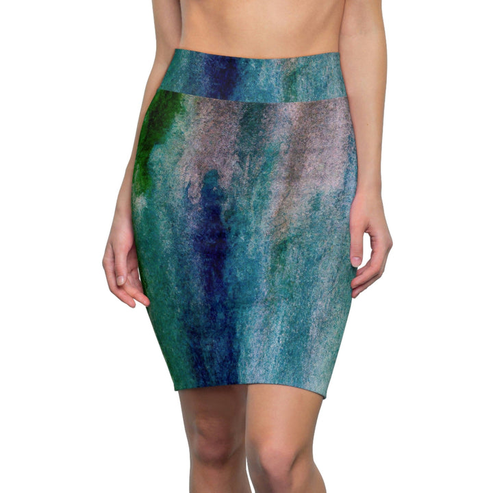 High Waist Womens Pencil Skirt - Contour Stretch Blue Hue Watercolor Abstract