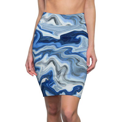 High Waist Womens Pencil Skirt - Contour Stretch - Blue White Grey Marble