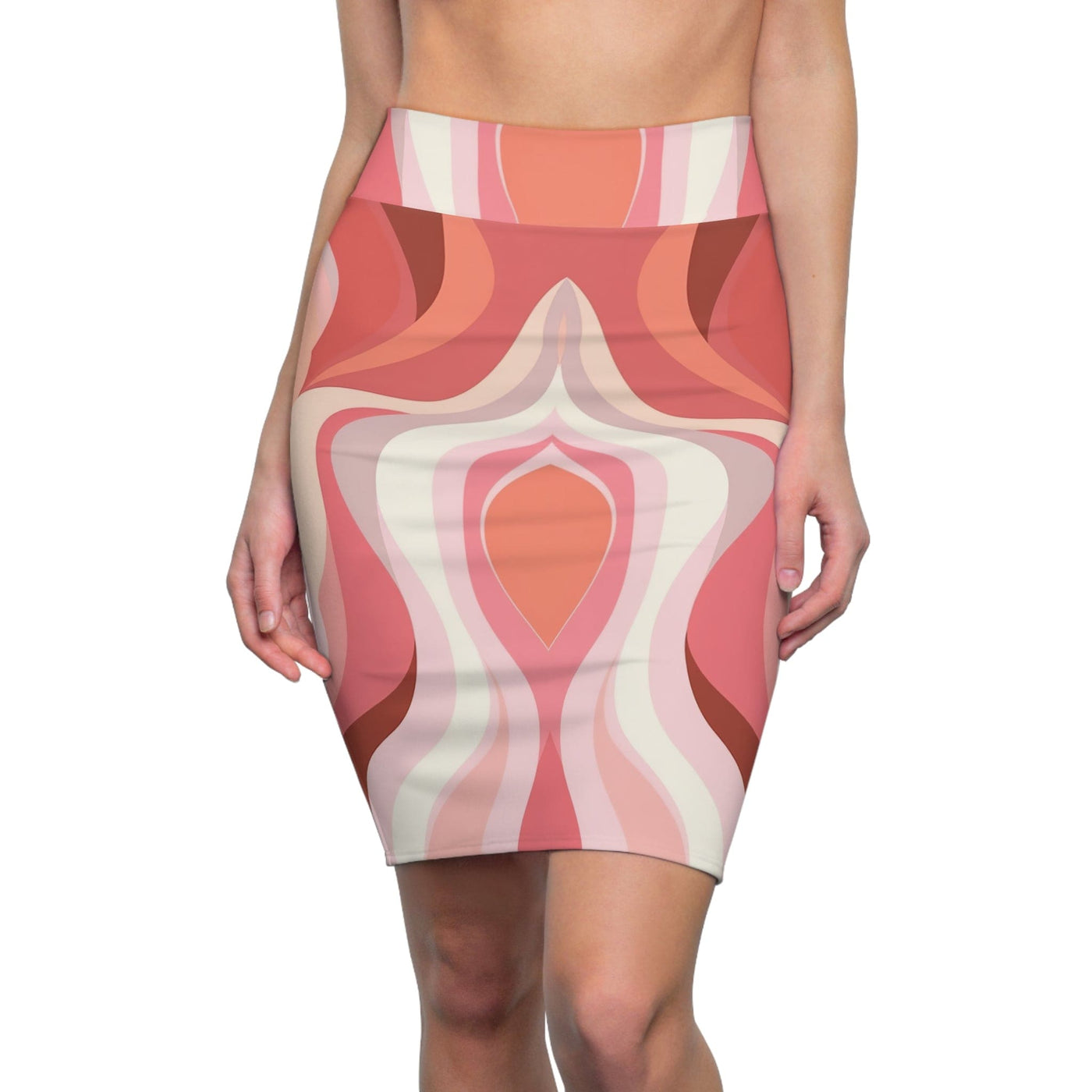High Waist Womens Pencil Skirt - Contour Stretch - Boho Pink And White
