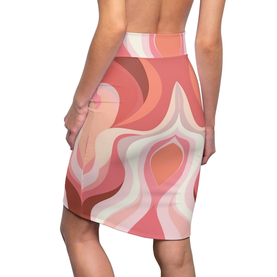 High Waist Womens Pencil Skirt - Contour Stretch - Boho Pink and White