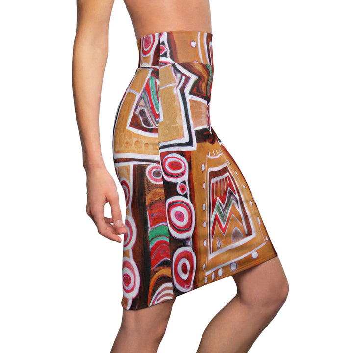 High Waist Womens Pencil Skirt - Contour Stretch - Brown Orange Green Aztec