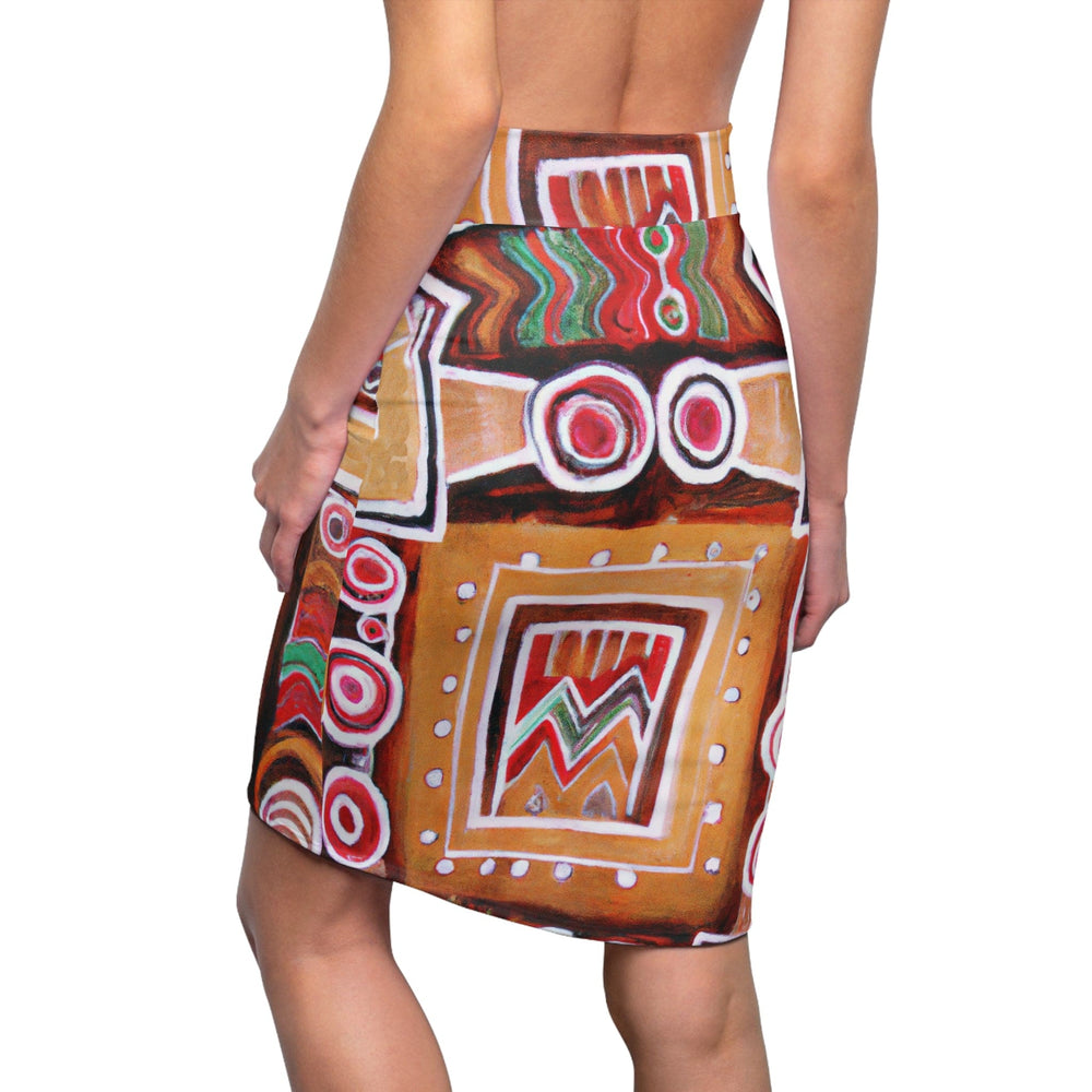 High Waist Womens Pencil Skirt - Contour Stretch - Brown Orange Green Aztec