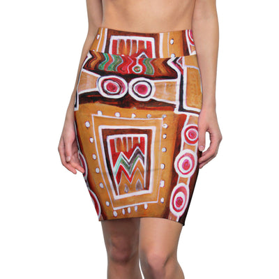 High Waist Womens Pencil Skirt - Contour Stretch - Brown Orange Green Aztec