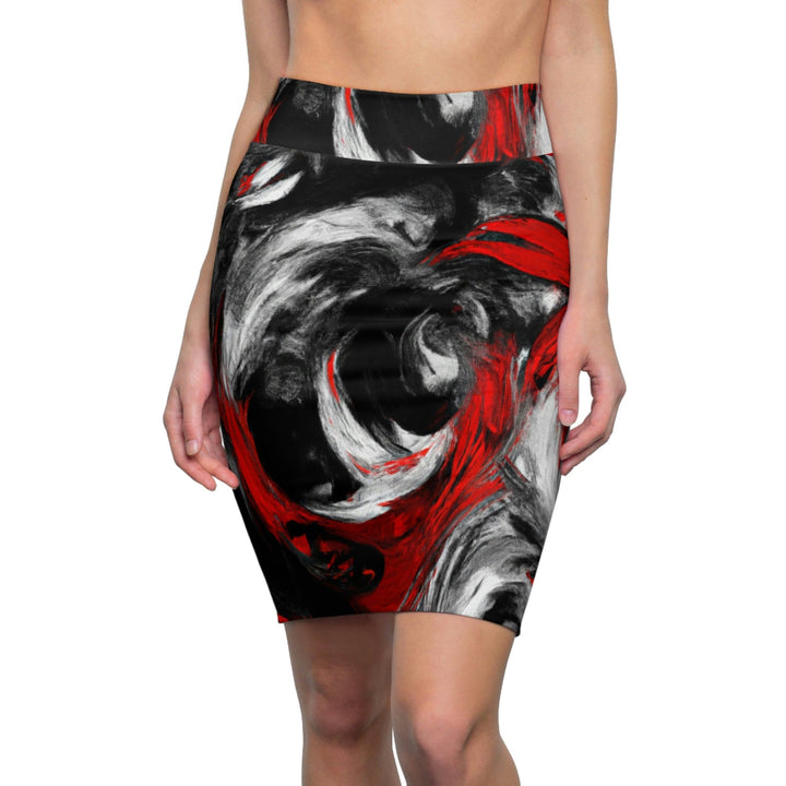 High Waist Womens Pencil Skirt - Contour Stretch - Decorative Black Red White