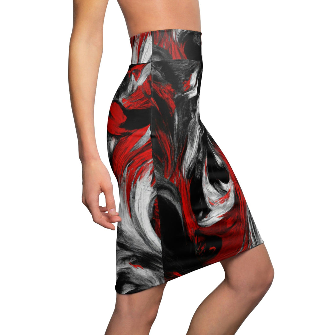 High Waist Womens Pencil Skirt - Contour Stretch - Decorative Black Red White