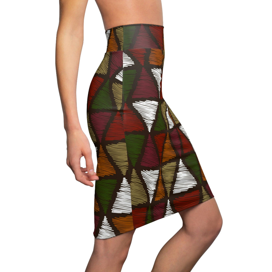 High Waist Womens Pencil Skirt - Contour Stretch Forest Green and White Tribal