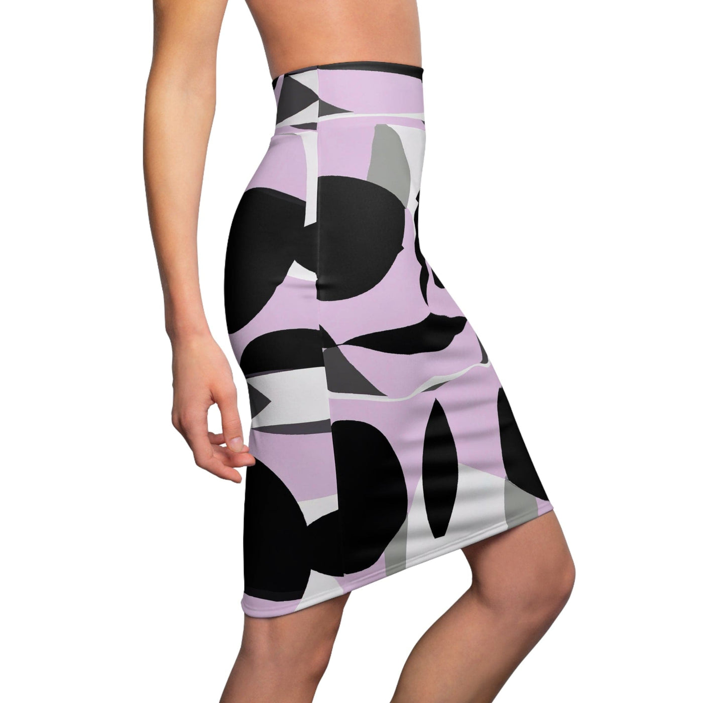 High Waist Womens Pencil Skirt - Contour Stretch - Geometric Lavender And Black