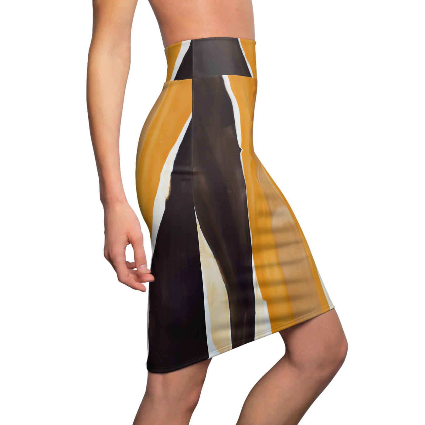 High Waist Womens Pencil Skirt - Contour Stretch - Golden Yellow Brown Abstract