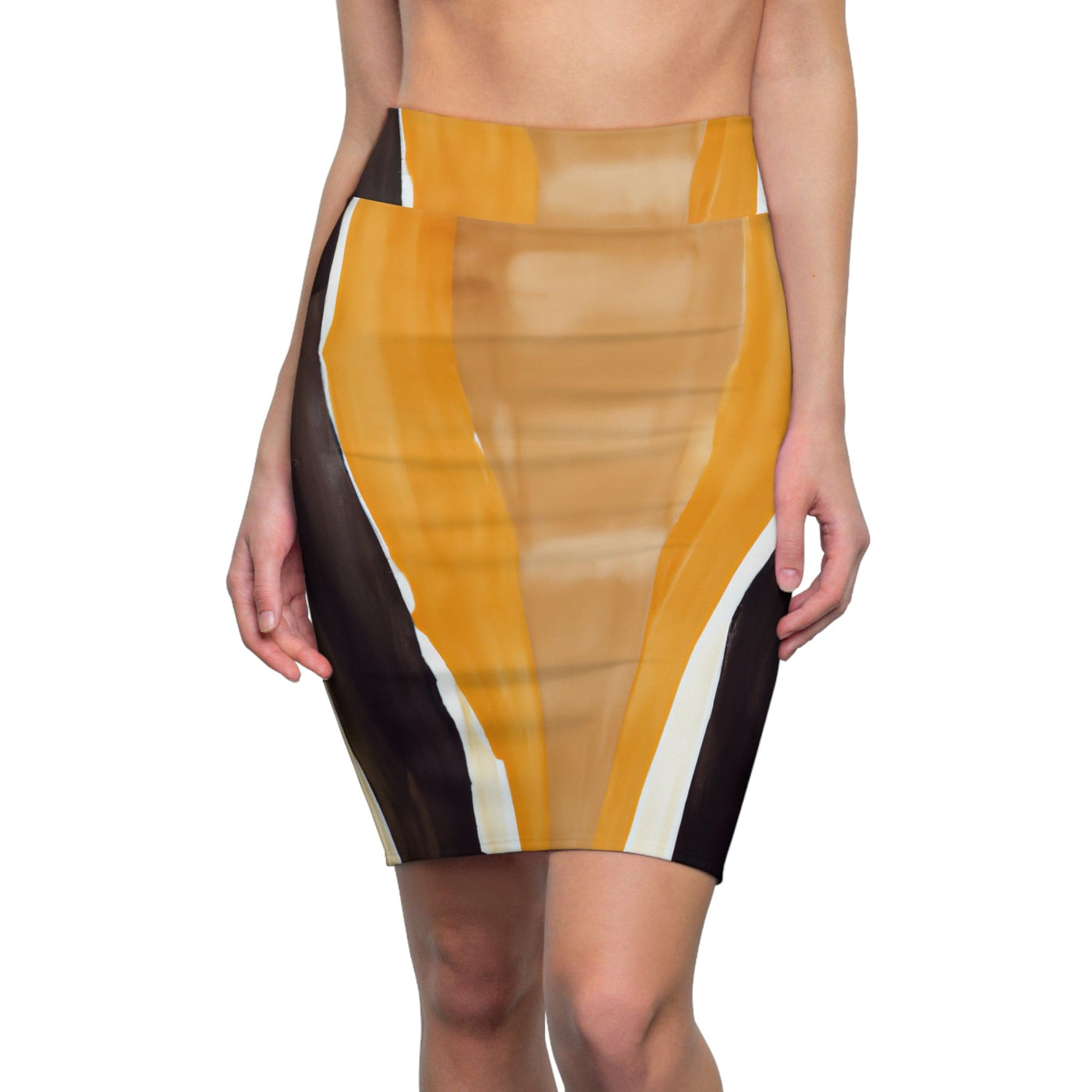 High Waist Womens Pencil Skirt - Contour Stretch - Golden Yellow Brown Abstract