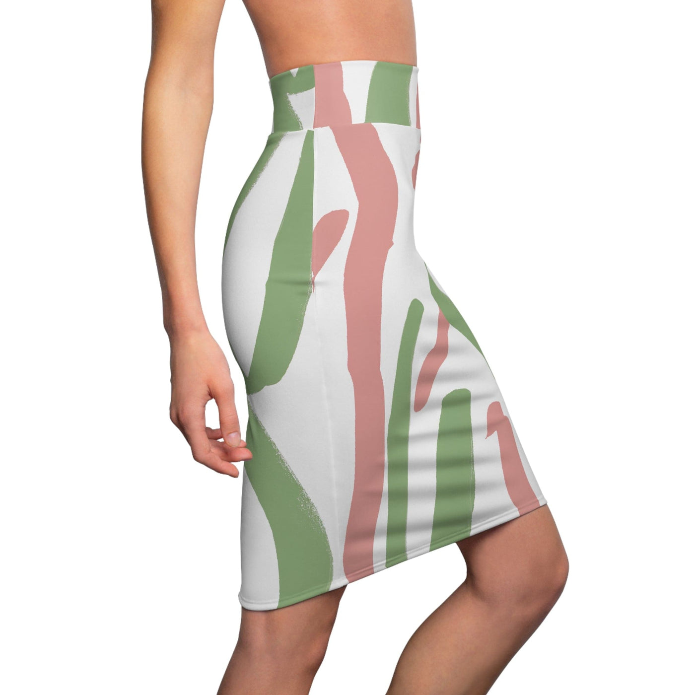 High Waist Womens Pencil Skirt - Contour Stretch - Green Mauve Abstract Brush
