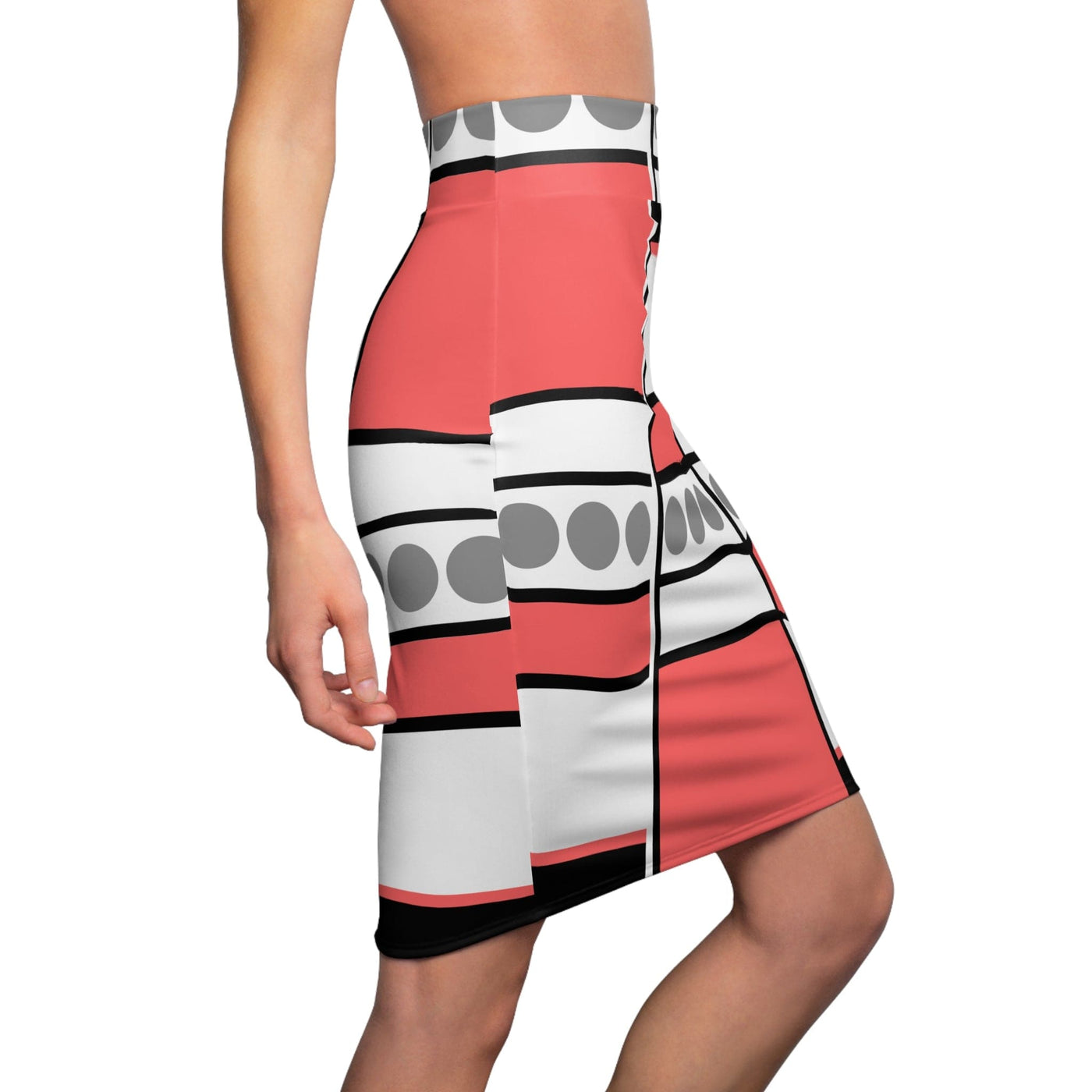 High Waist Womens Pencil Skirt - Contour Stretch - Mauve Grey White Geometric
