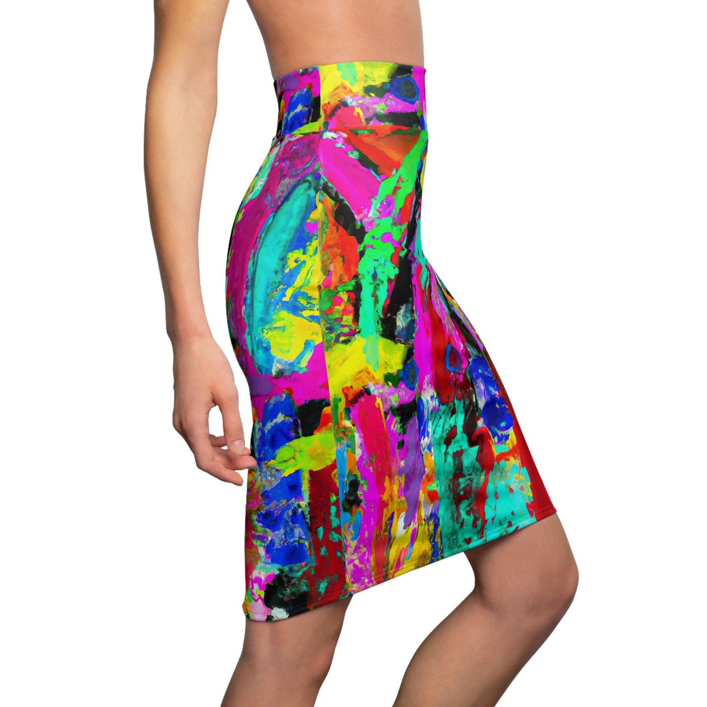 High Waist Womens Pencil Skirt - Contour Stretch Multicolor Abstract Expression