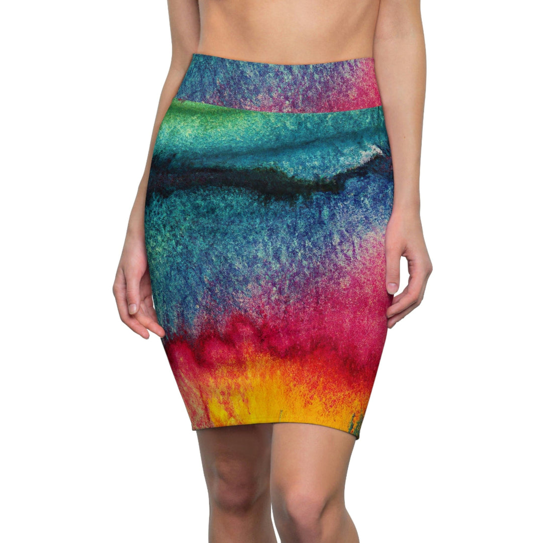 High Waist Womens Pencil Skirt - Contour Stretch Multicolor Watercolor Abstract