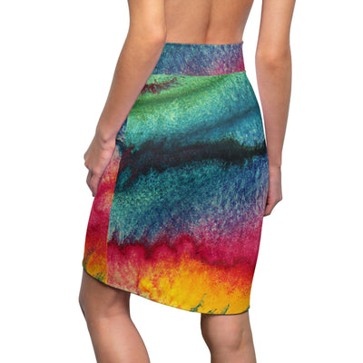 High Waist Womens Pencil Skirt - Contour Stretch Multicolor Watercolor Abstract