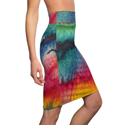 High Waist Womens Pencil Skirt - Contour Stretch Multicolor Watercolor Abstract