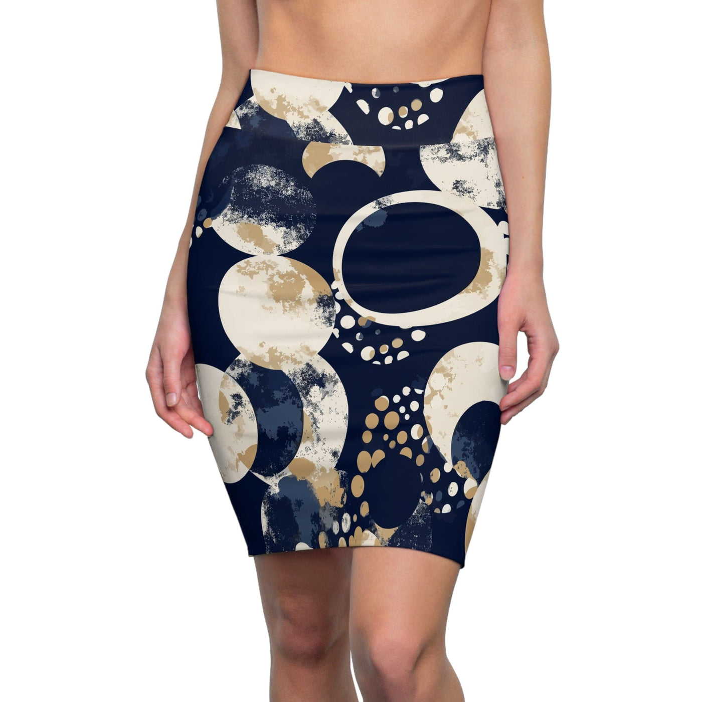 High Waist Womens Pencil Skirt - Contour Stretch - Navy Blue And Beige Spotted