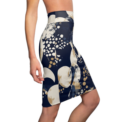High Waist Womens Pencil Skirt - Contour Stretch - Navy Blue And Beige Spotted