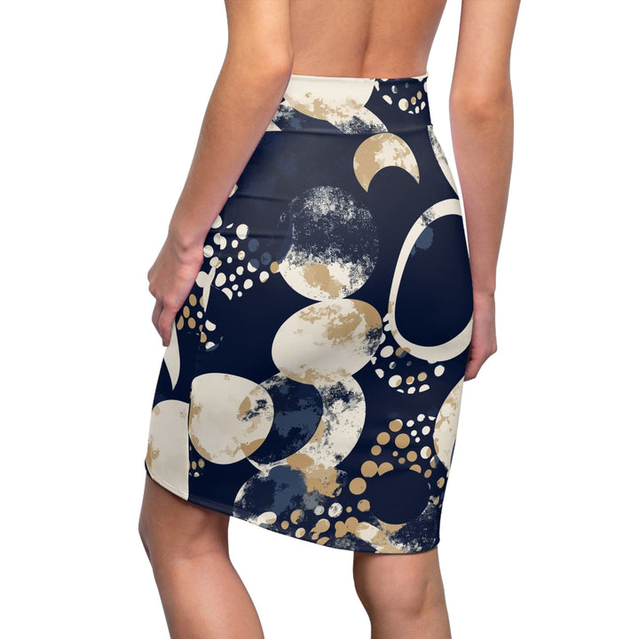 High Waist Womens Pencil Skirt - Contour Stretch - Navy Blue and Beige Spotted